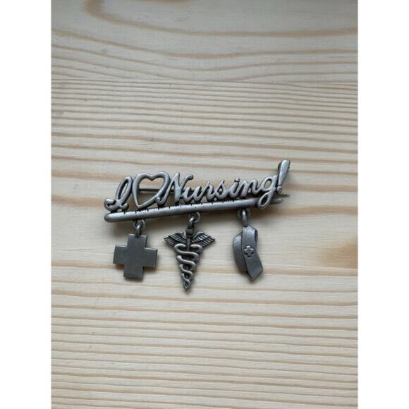 Vintage signed JJ Nursing Brooch Medical Charms Dangling I Heart Love Nursing - Picture 1 of 5